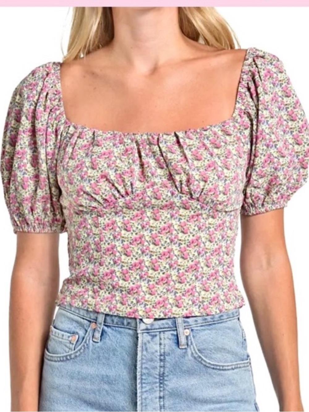 ASTR the Label Bubble Sleeve Floral Crop Top with tie back Medium
